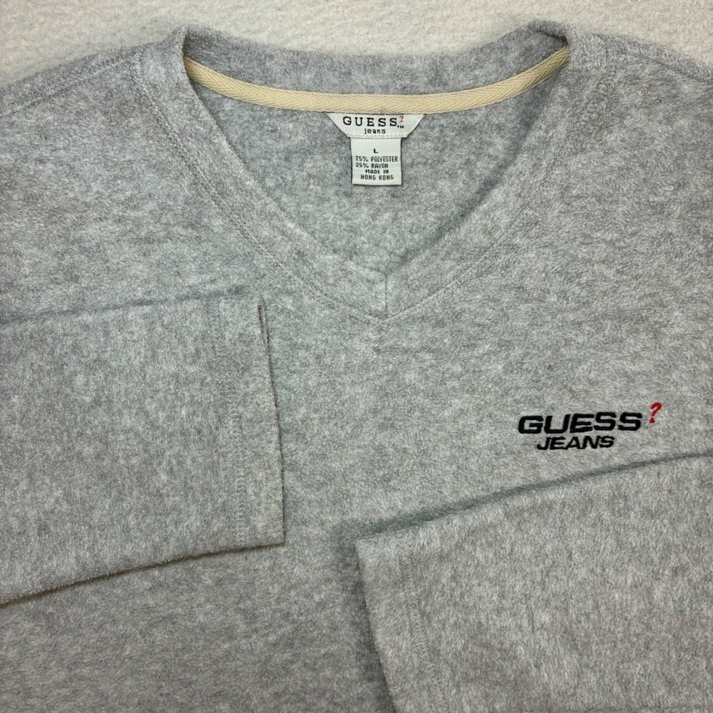 Vintage Guess Jeans V Neck Sweatshirt Women L Gray Fleece Pullover Sweater 90s